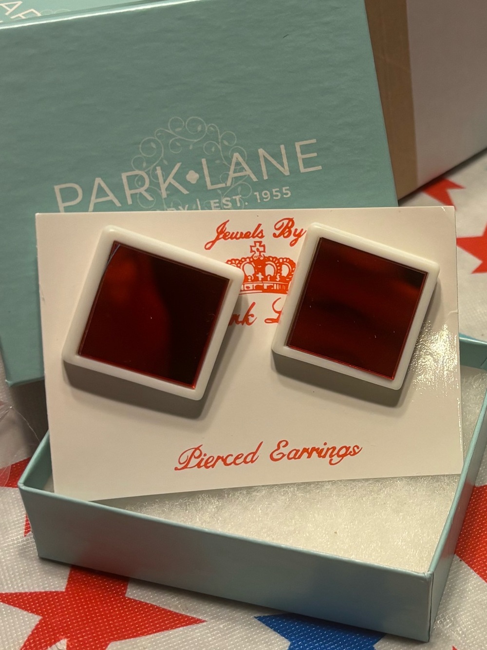 Park Lane Red and White Square Stud pierced Earrings vintage
